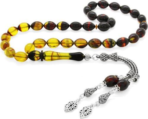 925 Ayar Gümüş Çift Püsküllü Arpa Kesim Süzme Bala-Siyah Ateş Kehribar Tesbih