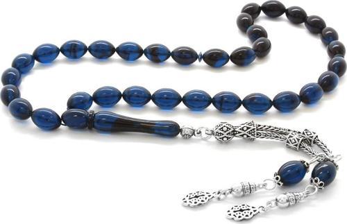 925 Ayar Gümüş Çift Püsküllü Arpa Kesim Süzme Mavi-Siyah Sıkma Kehribar Tesbih