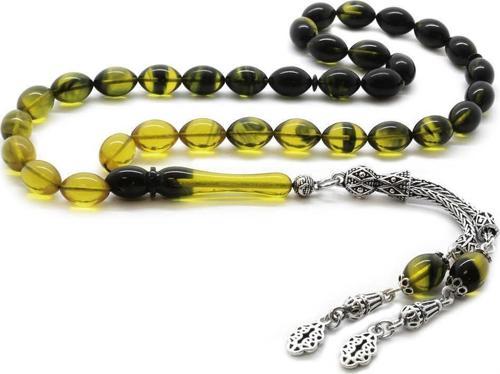 925 Ayar Gümüş Çift Püsküllü Arpa Kesim Süzme Sarı-Siyah Ateş Kehribar Tesbih