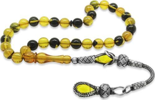 1000 Ayar Gümüş Kazaz Püsküllü Küre Kesim Sarı-Siyah Ateş Kehribar Tesbih