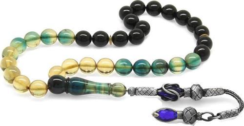 1000 Ayar Gümüş Kazaz Püsküllü Küre Kesim Süzme Mavi-Beyaz Ateş Kehribar Tesbih