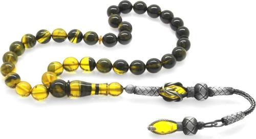 1000 Ayar Gümüş Kazaz Püsküllü Küre Kesim Süzme Sarı-Siyah Ateş Kehribar Tesbih