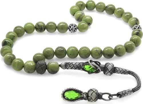 1000 Ayar Gümüş Kazaz Püsküllü Küre Kesim Yeşim Doğaltaş Tesbih