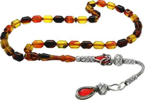 1000 Ayar Gümüş Kazaz Püsküllü Uçlu Kapsül Kesim Bala-Siyah Ateş Kehribar Tesbih