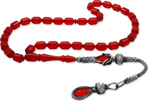 1000 Ayar Gümüş Kazaz Püsküllü Uçlu Kapsül Kesim Bayrak Kırmızısı Ateş Kehribar Tesbih