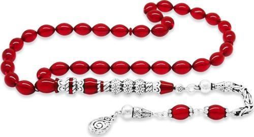 925 Ayar Gümüş Kral Püsküllü Gümüş Üç Şerefeli Nakkaş İmameli Bayrak Kırmızısı Ateş Kehribar Tesbih