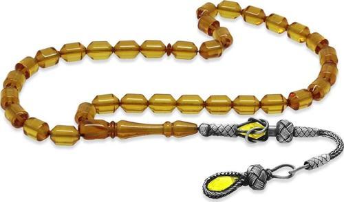 1000 Ayar Gümüş Kazaz Püsküllü Uçlu Kapsül Kesim Sarı Ateş Kehribar Tesbih