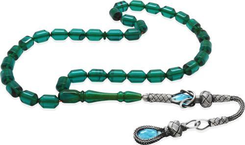 1000 Ayar Gümüş Kazaz Püsküllü Uçlu Kapsül Kesim Su Mavisi Ateş Kehribar Tesbih