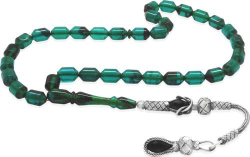 1000 Ayar Gümüş Kazaz Püsküllü Uçlu Kapsül Kesim Turkuaz-Siyah Ateş Kehribar Tesbih