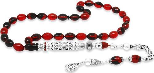 925 Ayar Gümüş Kral Püsküllü Nakkaş İmameli Cevşen Tasarım Kırmızı-Siyah Ateş Kehribar Tesbih