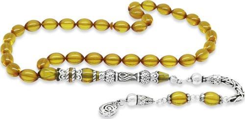 925 Ayar Gümüş Kral Püsküllü Nakkaş İmameli Lale Tasarım Sarı Ateş Kehribar Tesbih