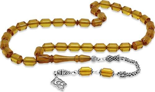 925 Ayar Gümüş Kral Püsküllü Uçlu Kapsül Kesim Sarı Ateş Kehribar Tesbih