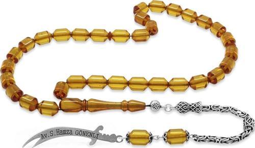 925 Ayar Gümüş Kral Püsküllü Uçlu Kapsül Kesim Kişiye Özel İsim Yazılı Sarı Ateş Kehribar Tesbih