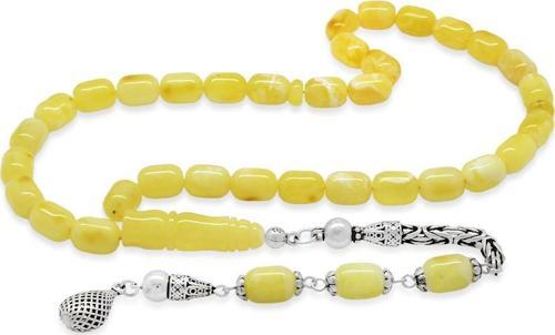 925 Ayar Gümüş Kral Zincir Helezon Uç Püsküllü Kapsül Kesim Sarı-Beyaz Renk Patinli Doğal Damla Kehribar Tesbih