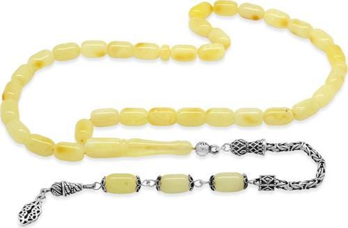 925 Ayar Gümüş Kral Zincir Püsküllü Kapsül Kesim Beyaz-Sarı Renk Patinli Damla Kehribar Tesbih