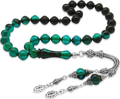 925 Ayar Gümüş Püsküllü İstanbul Kesim Süzme Turkuaz-Siyah Ateş Kehribar Tesbih