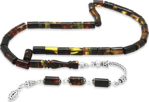 925 Ayar Gümüş Püsküllü Kesme Kesim Bala-Siyah Ateş Kehribar Tesbih