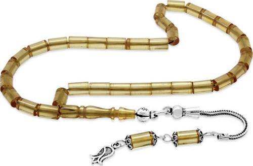 925 Ayar Gümüş Püsküllü Kesme Kesim Bilek Boy Saman Sarısı Ateş Kehribar Tesbih