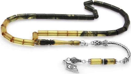 925 Ayar Gümüş Püsküllü Kesme Kesim Süzme Siyah-Beyaz Ateş Kehribar Tesbih