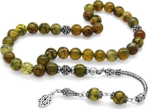 925 Ayar Gümüş Püsküllü Küre Kesim Damarlı Yosun Yeşili Akik Doğaltaş Tesbih