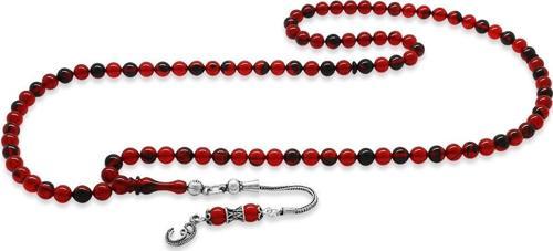 925 Ayar Gümüş Püsküllü Küre Kesim Kırmızı-Siyah Ateş Kehribar 99'luk Tesbih