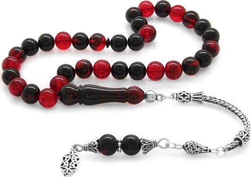 925 Ayar Gümüş Püsküllü Küre Kesim Kırmızı-Siyah Ateş Kehribar Tesbih