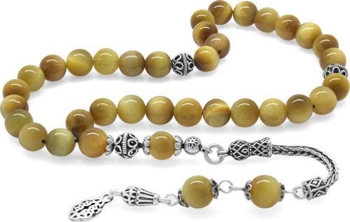 925 Ayar Gümüş Püsküllü Küre Kesim Renkli Kaplangözü Doğaltaş Tesbih