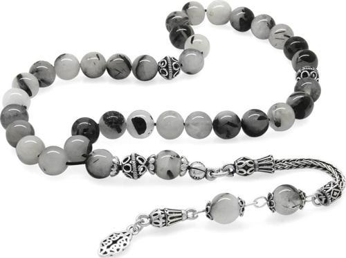 925 Ayar Gümüş Püsküllü Küre Kesim Rutil Kuvars Doğaltaş Tesbih