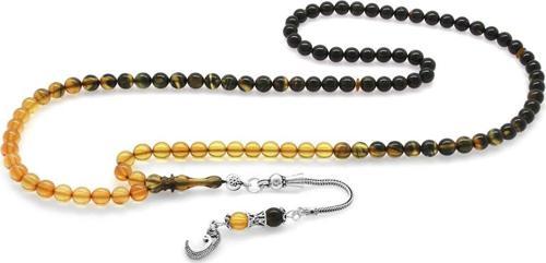 925 Ayar Gümüş Püsküllü Küre Kesim Süzme Beyaz-Siyah Ateş Kehribar 99'luk Tesbih