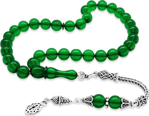 925 Ayar Gümüş Püsküllü Küre Kesim Yeşil Ateş Kehribar Tesbih