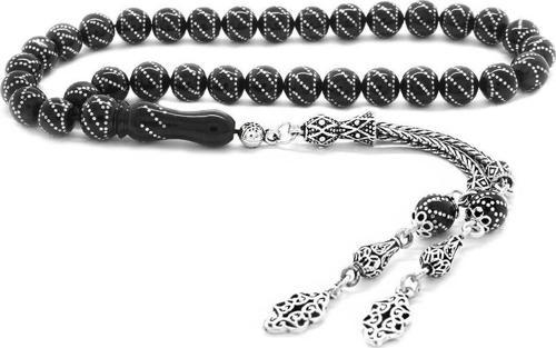 925 Ayar Gümüş Püsküllü Gümüş Yanburgu İşlemeli Erzurum Oltu Taşı Tesbih