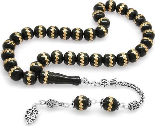 925 Ayar Gümüş Püsküllü Pirinç Sarmal İşlemeli Küre Kesim Rus Oltu Tesbih