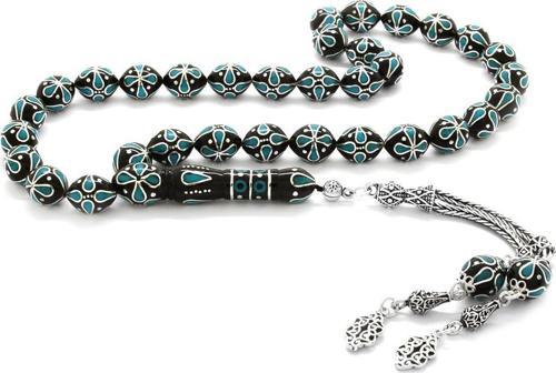 925 Ayar Gümüş Püsküllü Gümüş-Firuze İşlemeli Erzurum Oltu Taşı Tesbih