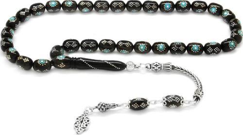 925 Ayar Gümüş Püsküllü Gümüş-Firuze İşlemeli Silindir Kesim Erzurum Oltu Taşı Tesbih