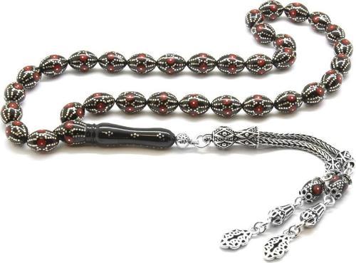 925 Ayar Gümüş Püsküllü Gümüş-Mercan İşleme Arpa Kesim Erzurum Oltu Taşı Tesbih