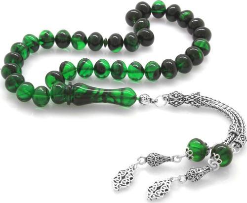 925 Ayar Gümüş Püsküllü Tekerlek Kesim Süzme Yeşil-Siyah Ateş-Siyah Kehribar Tesbih