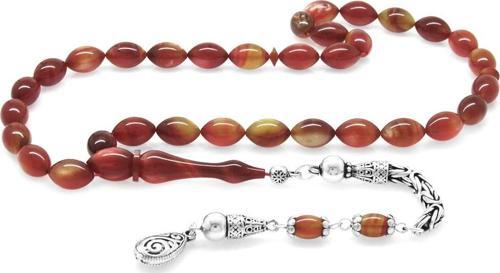 925 Ayar Kral Püsküllü Arpa Kesim Sedefli Sarı-Kırmızı Colorful Katalin Tesbih