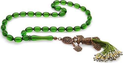 Antik Bakır Osmanlı Saray Püsküllü Arpa Kesim Zümrüt Yeşil Ateş Kehribar Tesbih