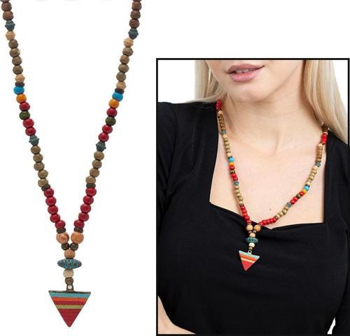El Yapımı Etnik Ahşap Kombinli Kırmızı Renk Geçişli Mızrak Uçlu Otantik Kolye