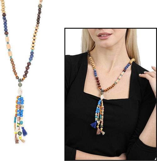 El Yapımı Etnik Ahşap Kombinli Mavi Renk Geçişli Deniz Kabuğu Detaylı Otantik Kolye