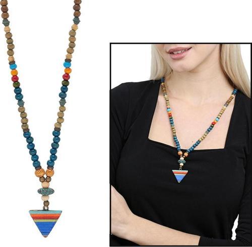 El Yapımı Etnik Ahşap Kombinli Mavi Renk Geçişli Mızrak Uçlu Otantik Kolye