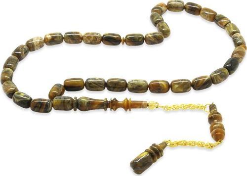 Gold Renk 925 Ayar Gümüş Püsküllü İmamesı Usta İşçilikli Kapsül Kesim Sedefli Koyu Kahverengi-Beyaz Katalin Tesbih