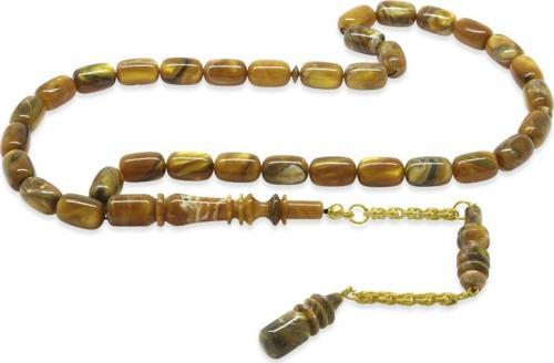 Gold Renk 925 Ayar Gümüş Püsküllü İmamesı Usta İşçilikli Kapsül Kesim Sedefli Turuncu-Beyaz Katalin Tesbih
