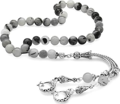 Kararmaz Metal Ayyıldız Püsküllü Küre Kesim Rutil Kuvars Doğaltaş Tesbih