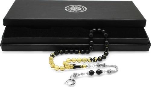 Kararmaz Metal Ayyıldız Püsküllü Küre Kesim Süzme Siyah-Beyaz Ateş Kehribar Tesbih