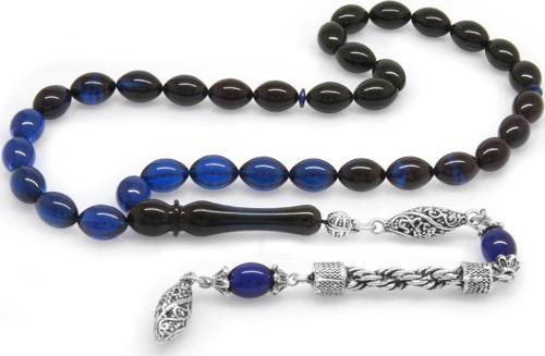 Kararmaz Metal Halat Püsküllü Arpa Kesim Süzme Mavi-Siyah Sıkma Kehribar Tesbih