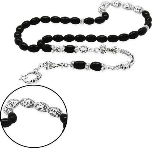 Kararmaz Metal Püsküllü Arpa Kesim Metal İsim Yazılı Oniks Doğaltaş Tesbih