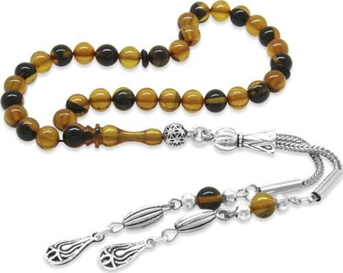 Kararmaz Metal Püsküllü Küre Kesim Bilek Boy Sarı-Siyah Ateş Kehribar Tesbih