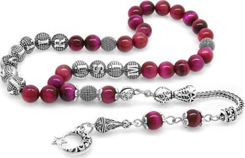 Kararmaz Metal Püsküllü Küre Kesim İsim Yazılı Fuşya Kaplangözü Doğaltaş Tesbih