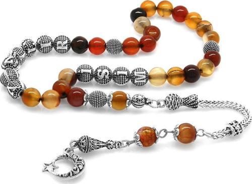 Kararmaz Metal Püsküllü Küre Kesim İsim Yazılı Kırmızı-Siyah Akik Doğaltaş Tesbih